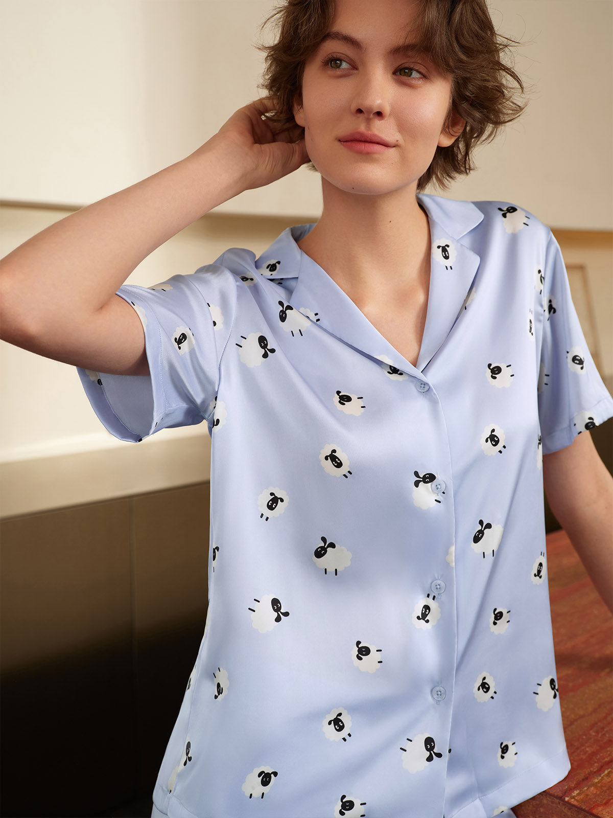 Silk Satin Printed Short-Sleeve Pajama Set