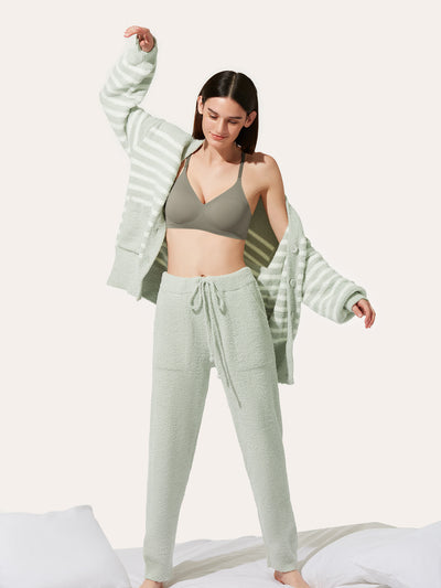 Mousse Stripe Half Velvet Cardigan Pajama Set